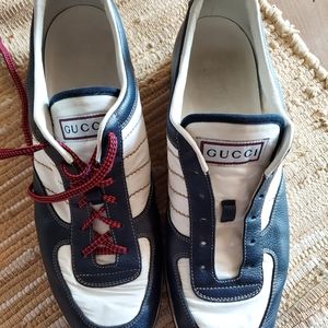 Vintage Gucci Blue Leather & White Satin Satin Web